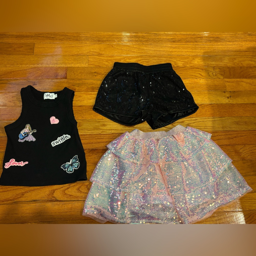 Lola + The Boys Black Ribbed Taylor Swift Tank, Sequin Skirt, and Sequin Shorts